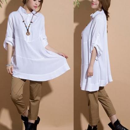 Irregular White Long-sleeved Casual Shirt