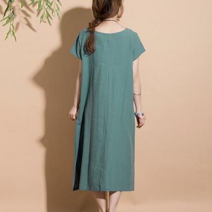 Greyish-green Loose V-neck Short-sleeved Dress