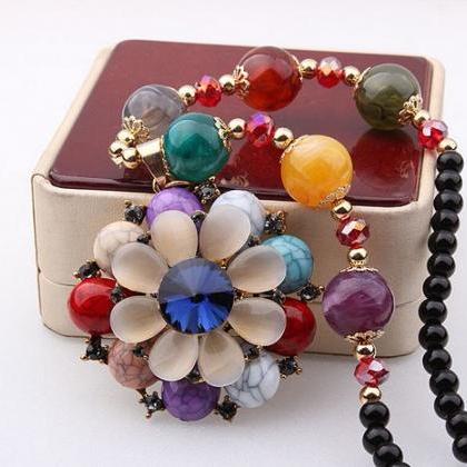 Ethnic Double Flowers Gem Sweater Chain Necklace