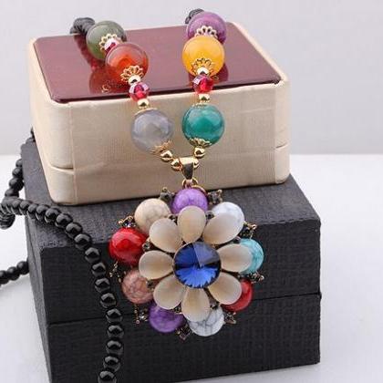 Ethnic Double Flowers Gem Sweater Chain Necklace