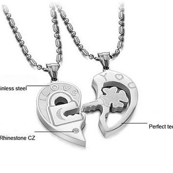 Key Rhinestone Titanium Steel Couple Necklace..