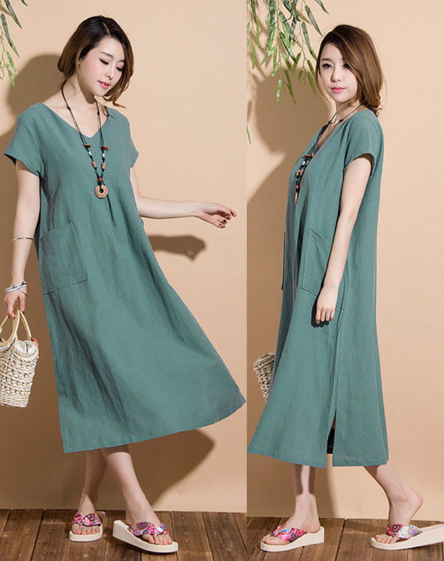 Greyish-green Loose V-neck Short-sleeved Dress