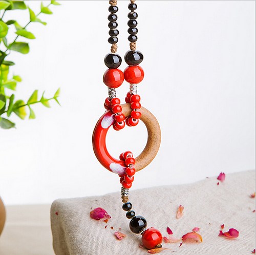 Ceramic Red Sweater Chain Retro Ethnic Style Necklace
